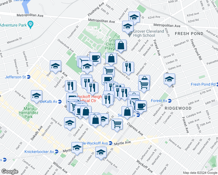 map of restaurants, bars, coffee shops, grocery stores, and more near 494 Seneca Avenue in Queens