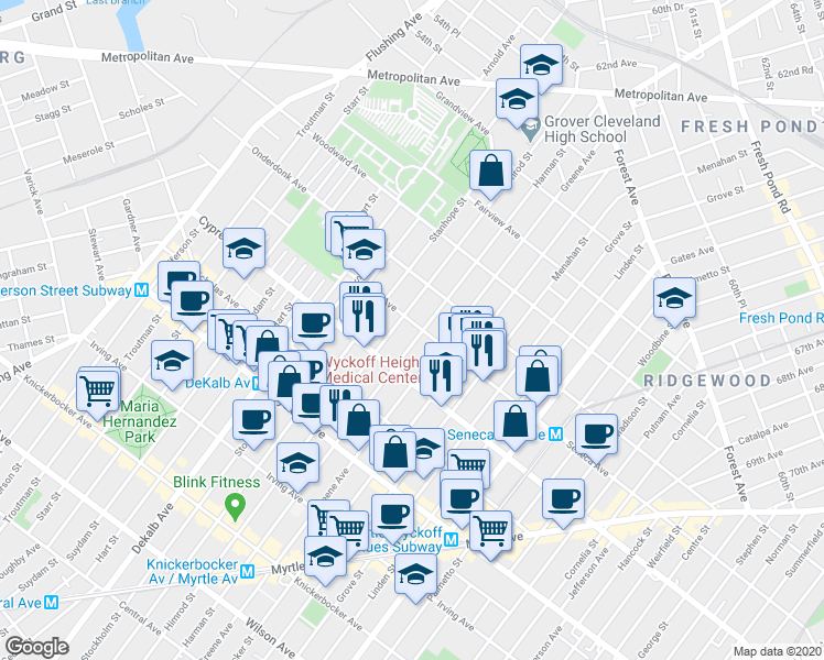 map of restaurants, bars, coffee shops, grocery stores, and more near 17-16 Himrod Street in Queens