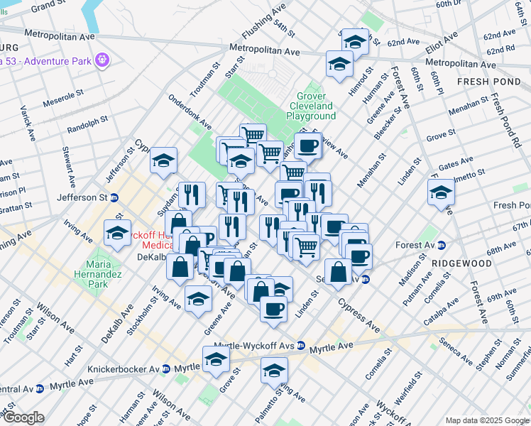 map of restaurants, bars, coffee shops, grocery stores, and more near 17-16 Himrod Street in Queens