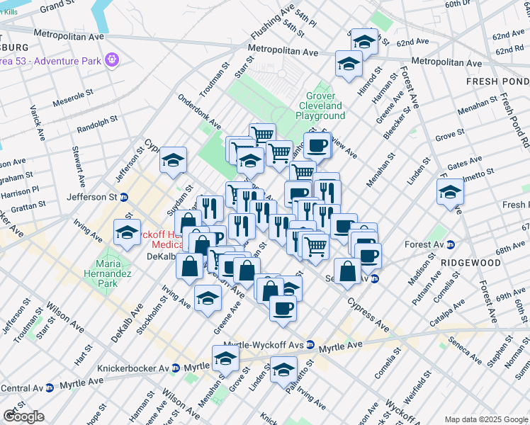 map of restaurants, bars, coffee shops, grocery stores, and more near 17-16 Himrod Street in Queens