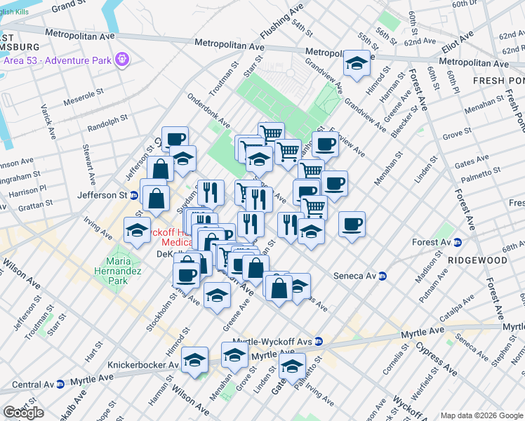 map of restaurants, bars, coffee shops, grocery stores, and more near 418 Stanhope Street in Brooklyn