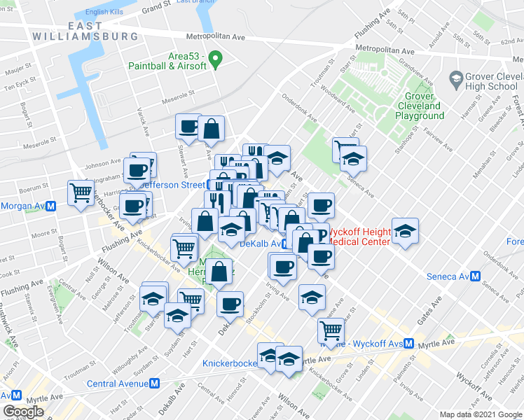 map of restaurants, bars, coffee shops, grocery stores, and more near 52 Wyckoff Avenue in Brooklyn