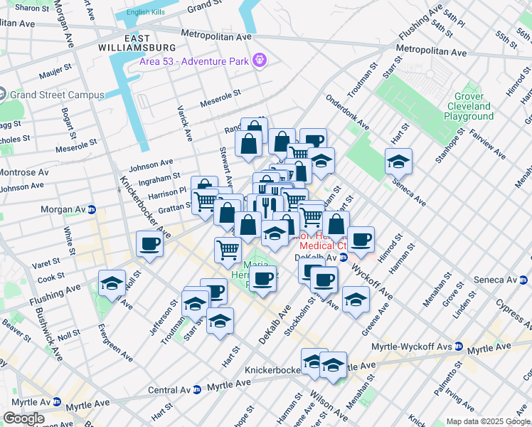map of restaurants, bars, coffee shops, grocery stores, and more near 229 Starr Street in Brooklyn