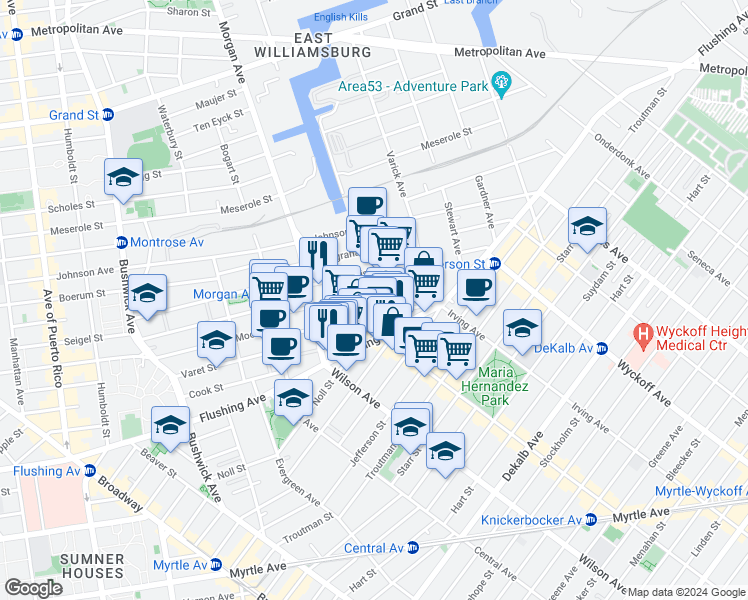 map of restaurants, bars, coffee shops, grocery stores, and more near 95 Thames Street in Brooklyn