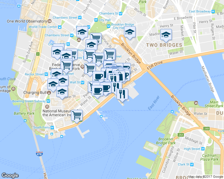 map of restaurants, bars, coffee shops, grocery stores, and more near 166 John Street in New York