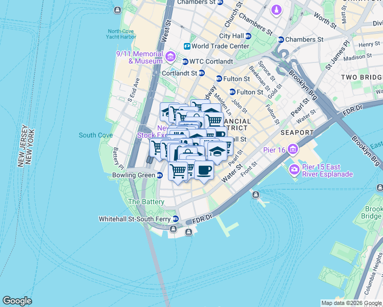 map of restaurants, bars, coffee shops, grocery stores, and more near 60 Broad Street in New York