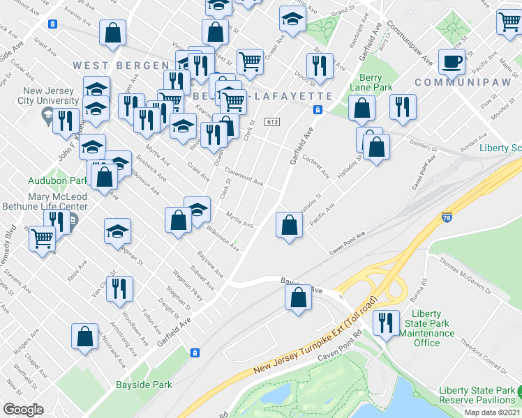 map of restaurants, bars, coffee shops, grocery stores, and more near 753 Garfield Avenue in Jersey City