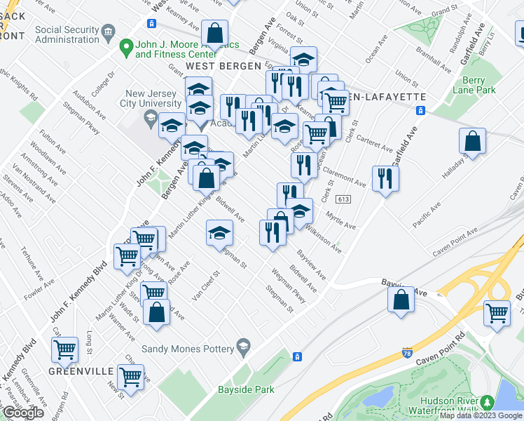 map of restaurants, bars, coffee shops, grocery stores, and more near 114A Bayview Avenue in Jersey City