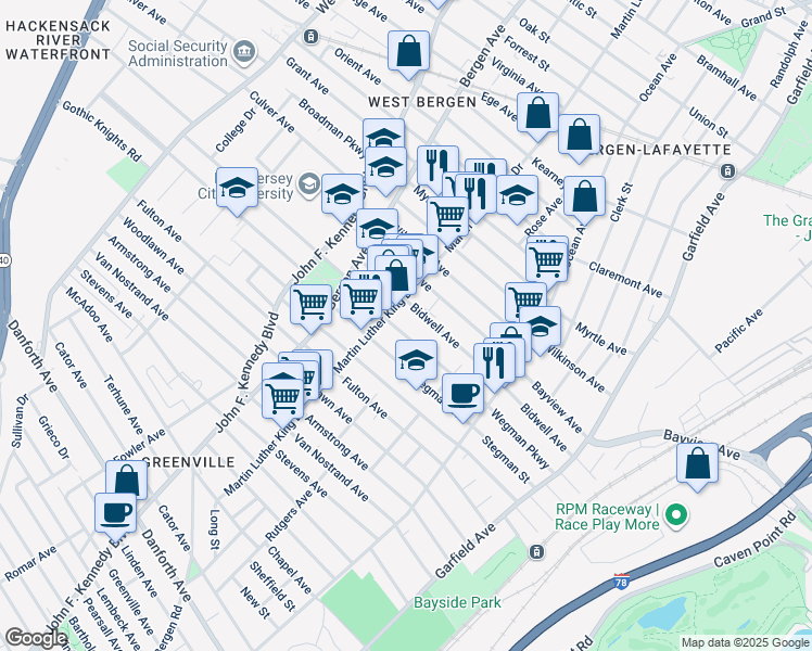 map of restaurants, bars, coffee shops, grocery stores, and more near 168 Wegman Parkway in Jersey City