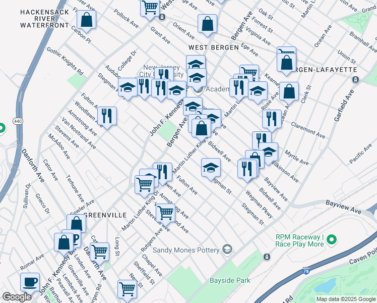 map of restaurants, bars, coffee shops, grocery stores, and more near 158 Martin Luther King Drive in Jersey City