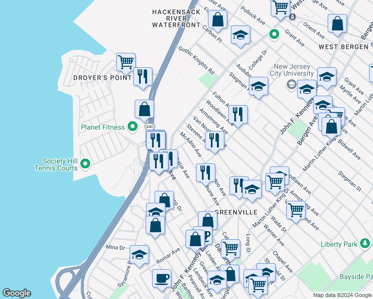 map of restaurants, bars, coffee shops, grocery stores, and more near in Jersey City