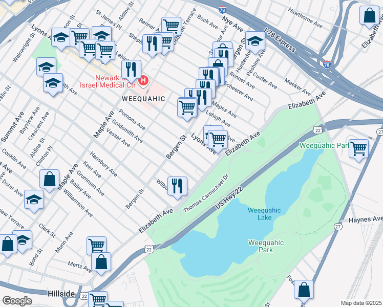 map of restaurants, bars, coffee shops, grocery stores, and more near 28-30 Weequahic Avenue in Newark