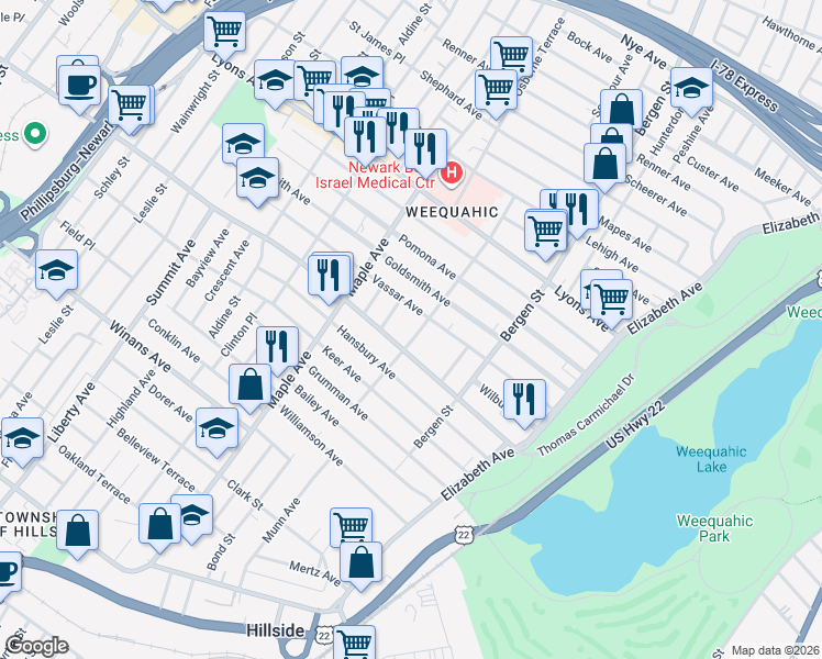 map of restaurants, bars, coffee shops, grocery stores, and more near 120 Parkview Terrace in Newark