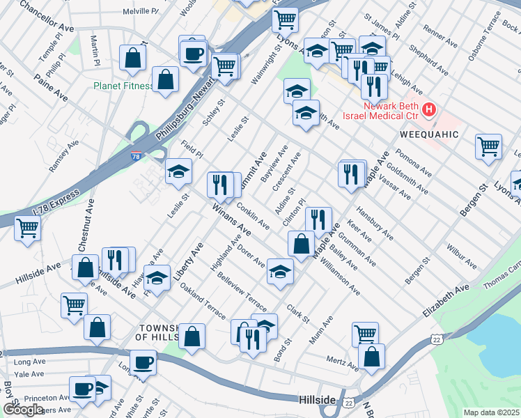 map of restaurants, bars, coffee shops, grocery stores, and more near 267 Conklin Avenue in Hillside