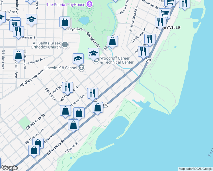 map of restaurants, bars, coffee shops, grocery stores, and more near 1715 Northeast Jefferson Street in Peoria