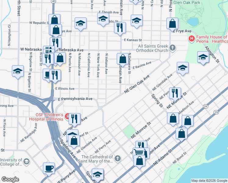 map of restaurants, bars, coffee shops, grocery stores, and more near 1508 North Indiana Avenue in Peoria