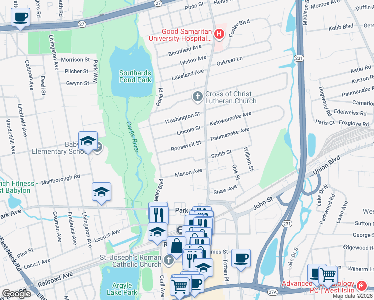 map of restaurants, bars, coffee shops, grocery stores, and more near 17 Strong Avenue in Babylon