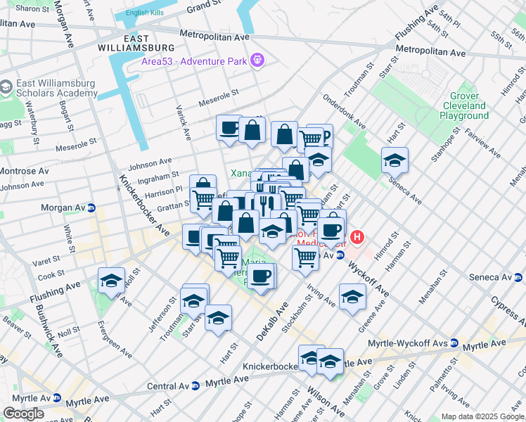 map of restaurants, bars, coffee shops, grocery stores, and more near 229 Starr Street in Brooklyn