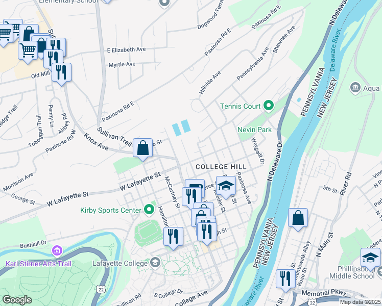 map of restaurants, bars, coffee shops, grocery stores, and more near 817 Porter Street in Easton