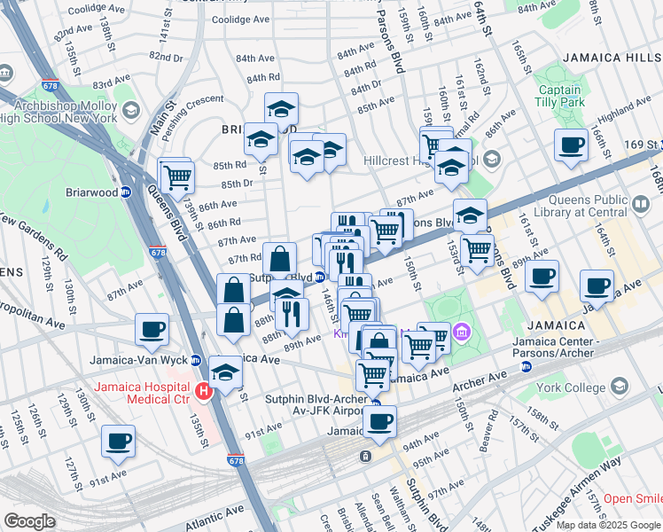 map of restaurants, bars, coffee shops, grocery stores, and more near 146-17 Hillside Avenue in Queens