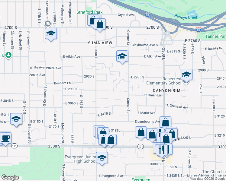 map of restaurants, bars, coffee shops, grocery stores, and more near 2098 East Connor Park Cove in Salt Lake City