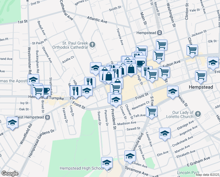 map of restaurants, bars, coffee shops, grocery stores, and more near 51 Bell Street in Hempstead