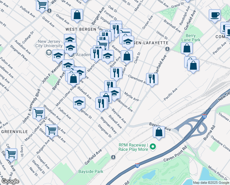 map of restaurants, bars, coffee shops, grocery stores, and more near 570 Ocean Avenue in Jersey City