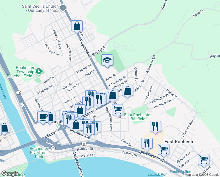 map of restaurants, bars, coffee shops, grocery stores, and more near 350 Virginia Avenue in Rochester