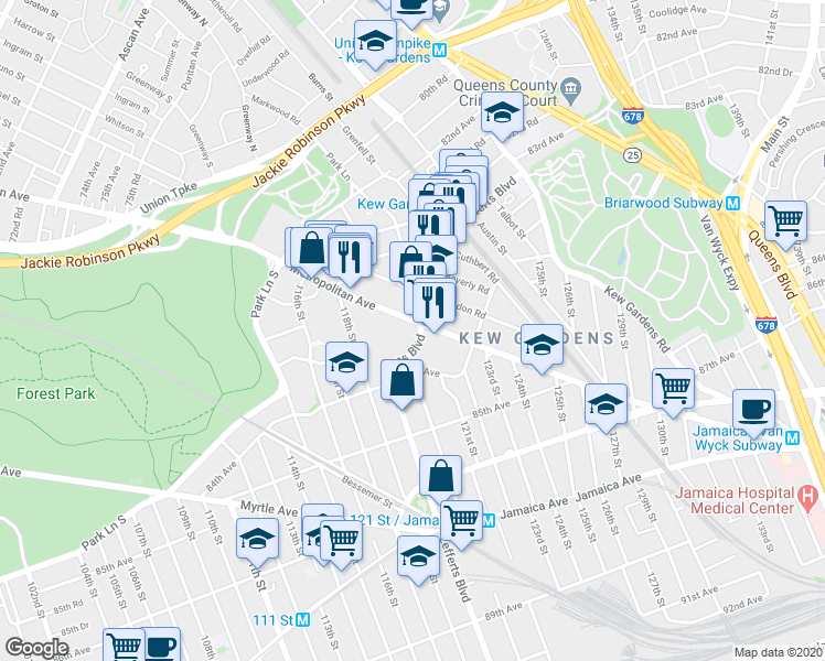 map of restaurants, bars, coffee shops, grocery stores, and more near 118-82 Metropolitan Avenue in Queens