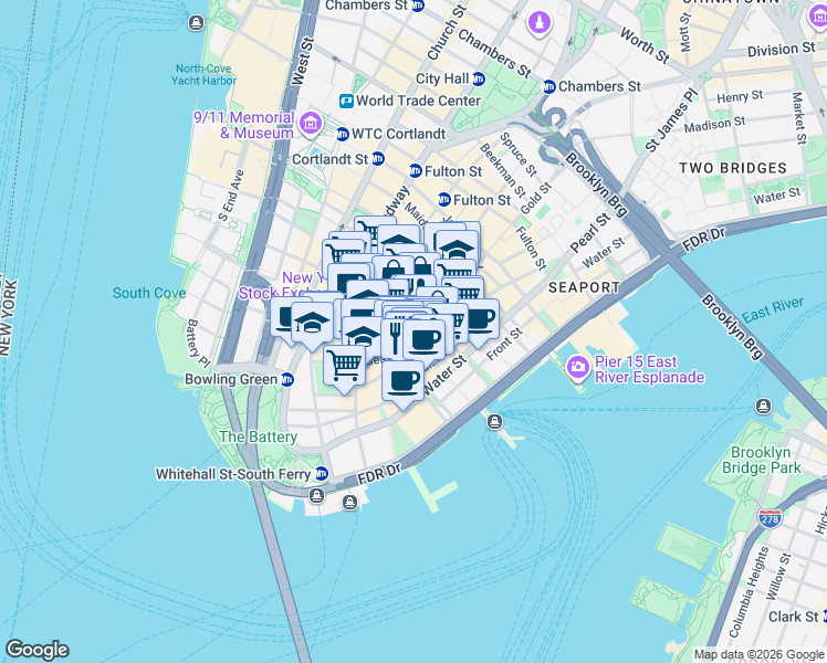 map of restaurants, bars, coffee shops, grocery stores, and more near 55 Wall Street in New York
