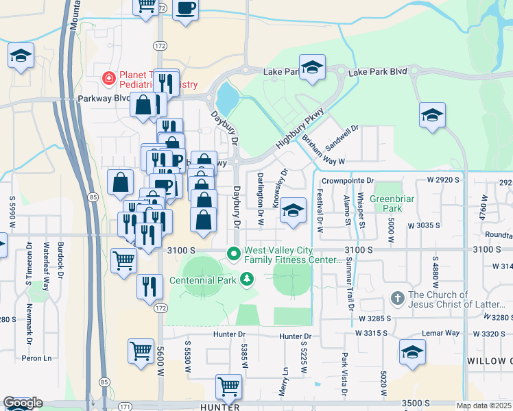 map of restaurants, bars, coffee shops, grocery stores, and more near 5327 Halton Lane South in West Valley City
