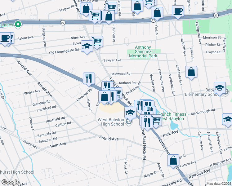 map of restaurants, bars, coffee shops, grocery stores, and more near 85 Farmingdale Road in West Babylon