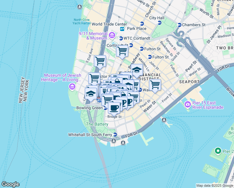 map of restaurants, bars, coffee shops, grocery stores, and more near 25 Broadway in New York