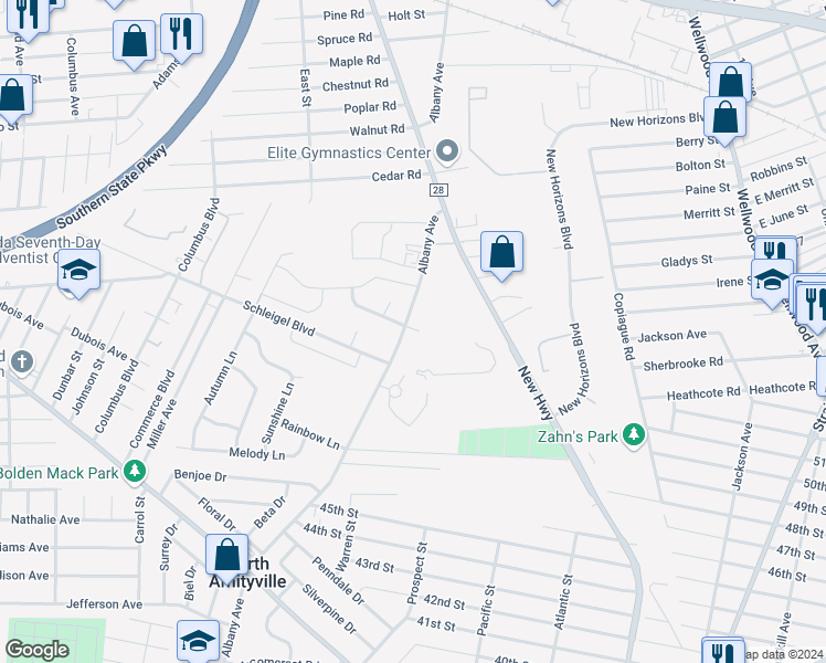 map of restaurants, bars, coffee shops, grocery stores, and more near 565 Albany Ave in North Amityville