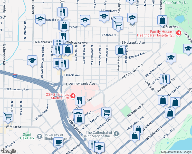 map of restaurants, bars, coffee shops, grocery stores, and more near 510 East Illinois Avenue in Peoria