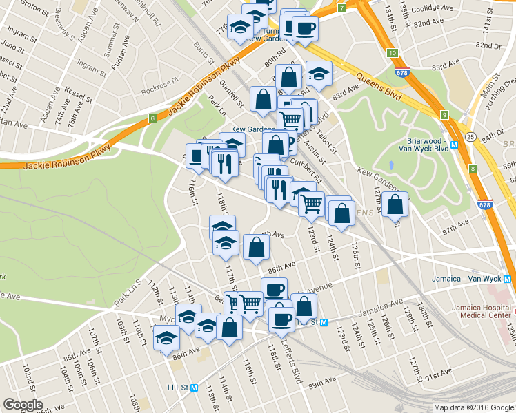 map of restaurants, bars, coffee shops, grocery stores, and more near 83-44 Lefferts Boulevard in Queens