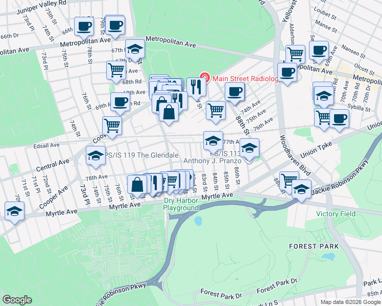 map of restaurants, bars, coffee shops, grocery stores, and more near 8106 78th Avenue in Queens
