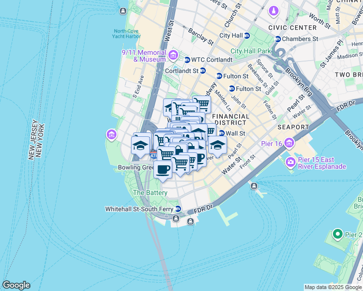 map of restaurants, bars, coffee shops, grocery stores, and more near 42 Broadway in New York