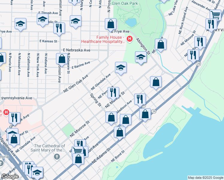 map of restaurants, bars, coffee shops, grocery stores, and more near 1416 Northeast Perry Avenue in Peoria