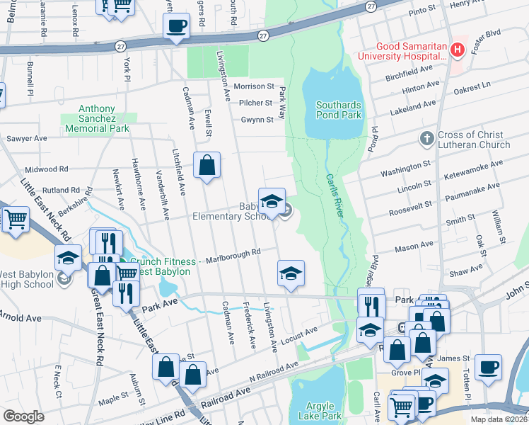 map of restaurants, bars, coffee shops, grocery stores, and more near 171 Ralph Avenue in Babylon