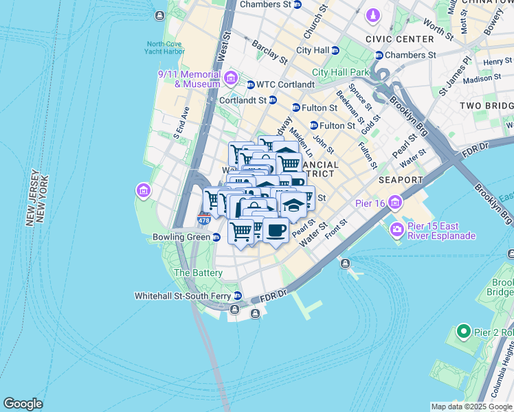 map of restaurants, bars, coffee shops, grocery stores, and more near 60 Broad Street in New York
