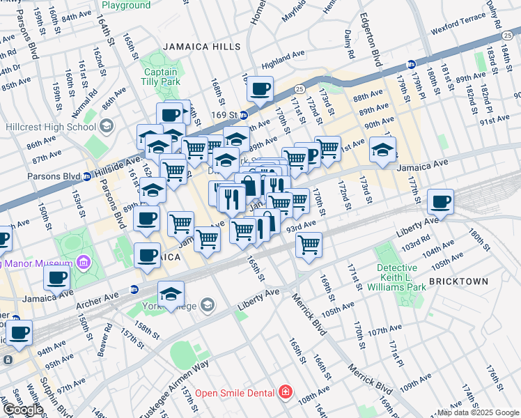 map of restaurants, bars, coffee shops, grocery stores, and more near 92-18 168th Street in Queens