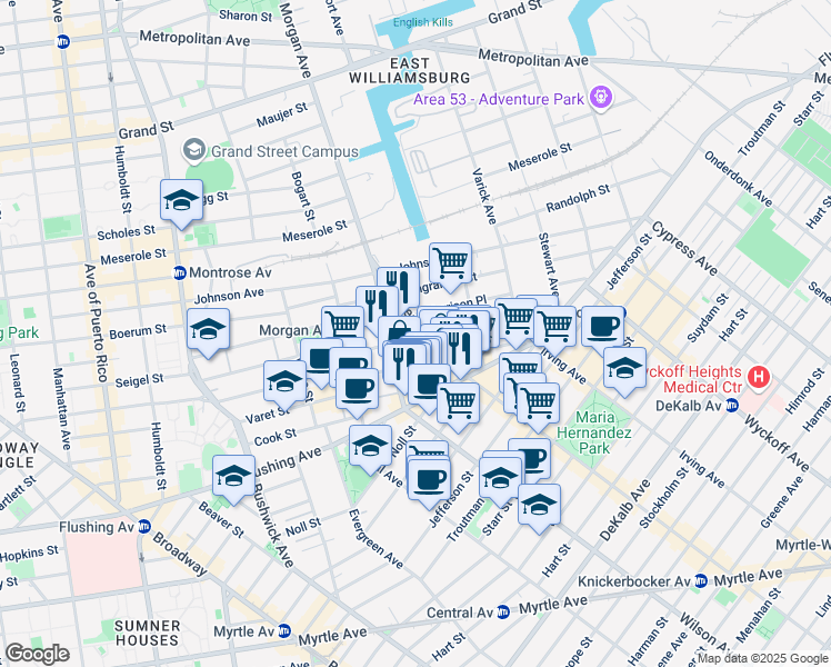 map of restaurants, bars, coffee shops, grocery stores, and more near 66 Knickerbocker Avenue in Brooklyn