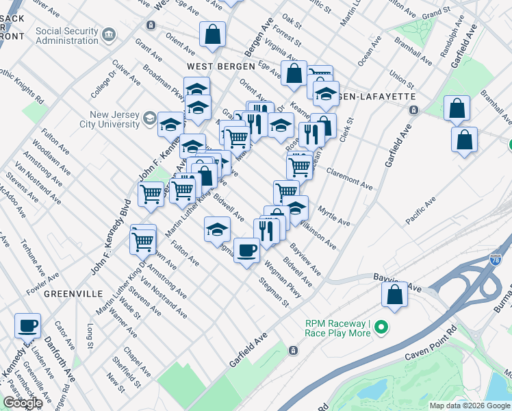 map of restaurants, bars, coffee shops, grocery stores, and more near 116 Bayview Avenue in Jersey City