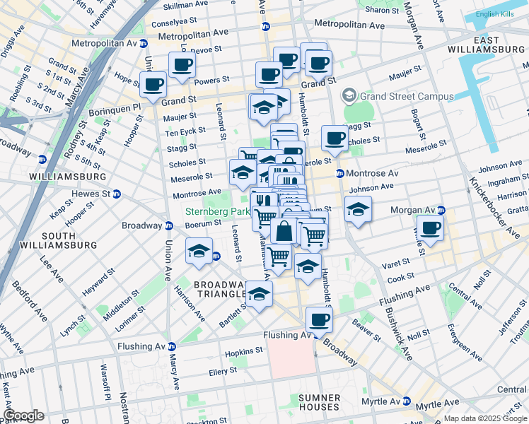 map of restaurants, bars, coffee shops, grocery stores, and more near 104 Manhattan Avenue in Brooklyn