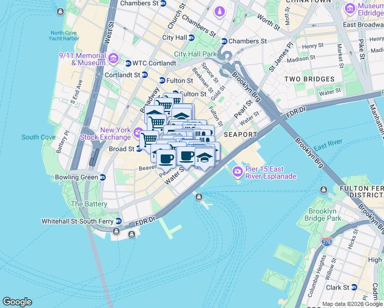 map of restaurants, bars, coffee shops, grocery stores, and more near 80 Pine Street in New York