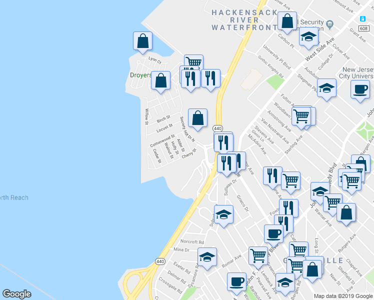 map of restaurants, bars, coffee shops, grocery stores, and more near 24 Holly Street in Jersey City