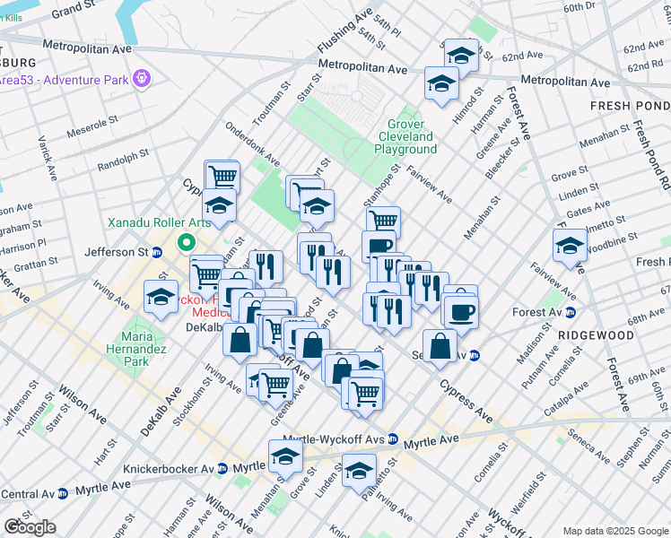 map of restaurants, bars, coffee shops, grocery stores, and more near 1723 Himrod Street in Queens