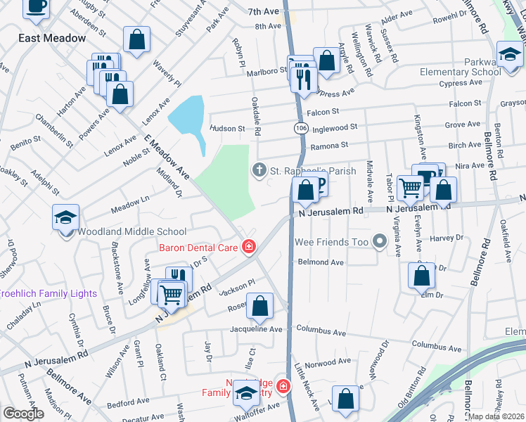 map of restaurants, bars, coffee shops, grocery stores, and more near 27 Newbridge Road in East Meadow