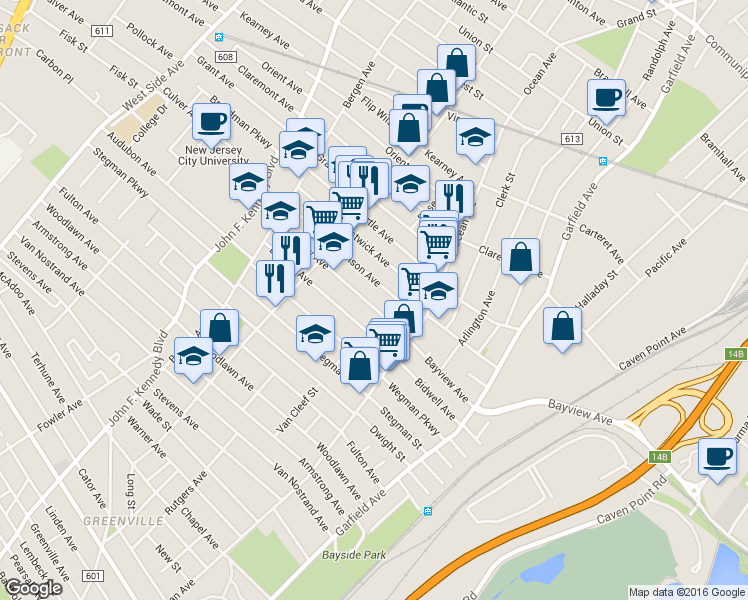map of restaurants, bars, coffee shops, grocery stores, and more near 116 Bayview Avenue in Jersey City